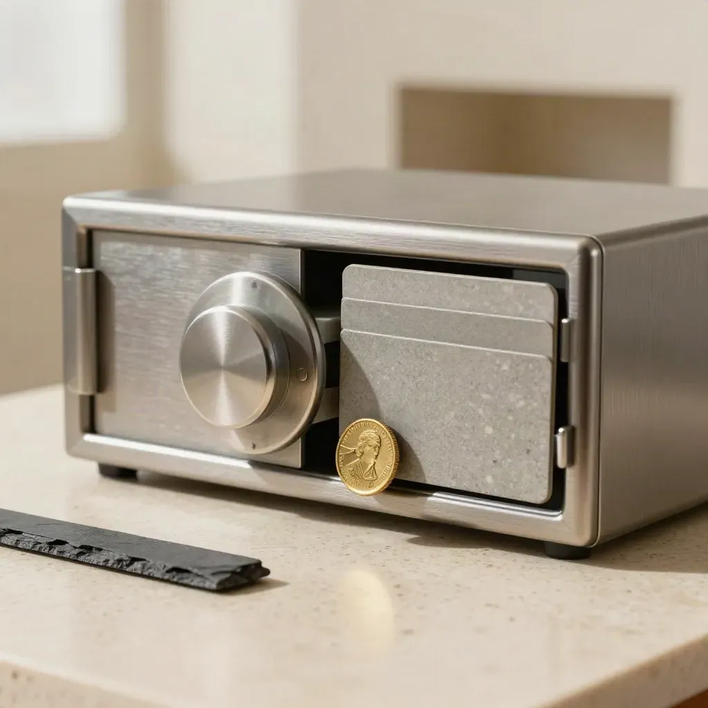 Caveau metallico, portacarte e token in ottone su travertino, atmosfera elegante e tesa