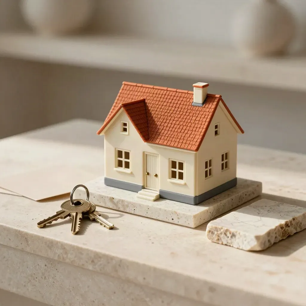 Casetta in miniatura su travertino con chiavi, card neutra e campione in pietra, luce mattutina.