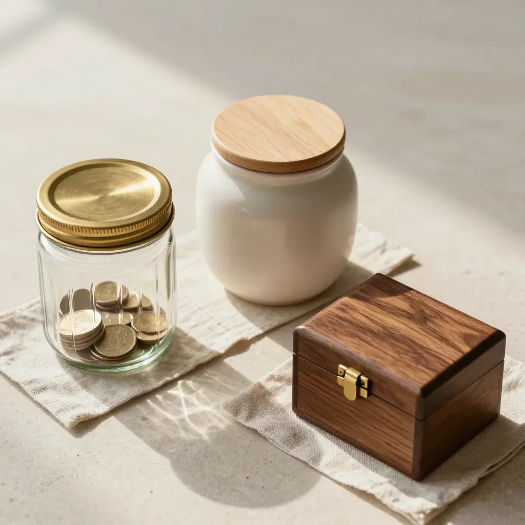Tre contenitori di risparmio in vetro, ceramica e legno su lino chiaro, luce morbida dall’alto.