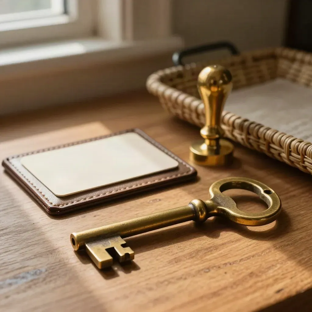 Chiave del caveau, timbro in ottone e portacarte su legno, con luce morbida.