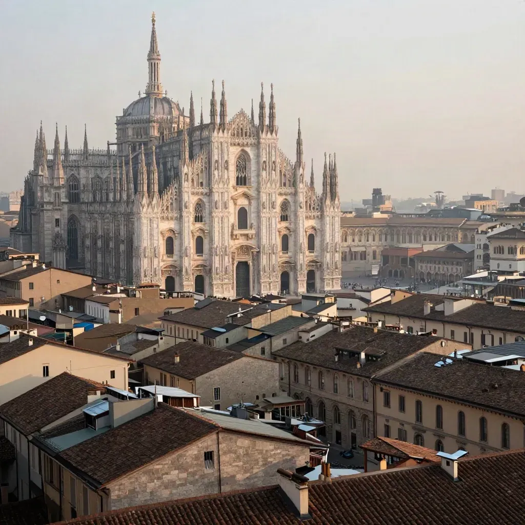 Duomo di Milano tra i tetti chiari di Lombardia nella luce morbida dell’alba