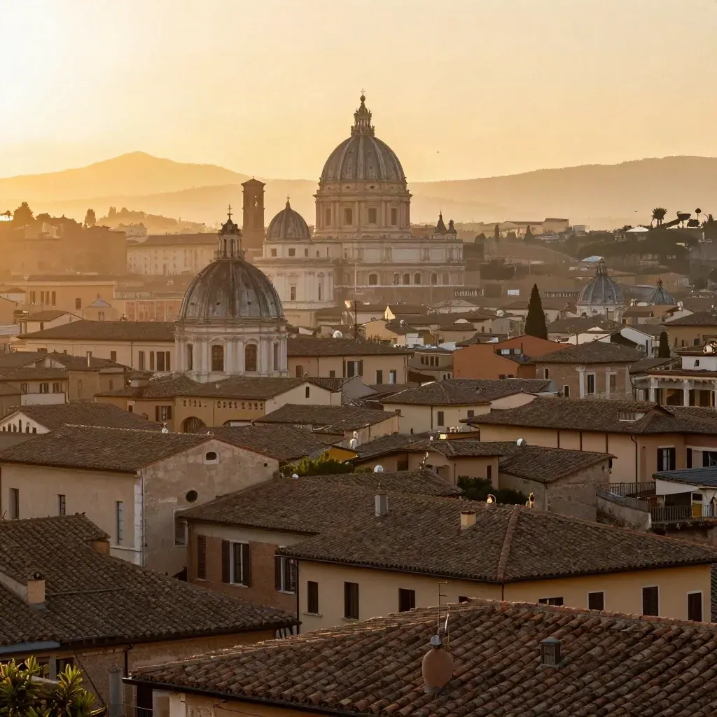 Roma al tramonto con cupole e tetti morbidi nella foschia dorata